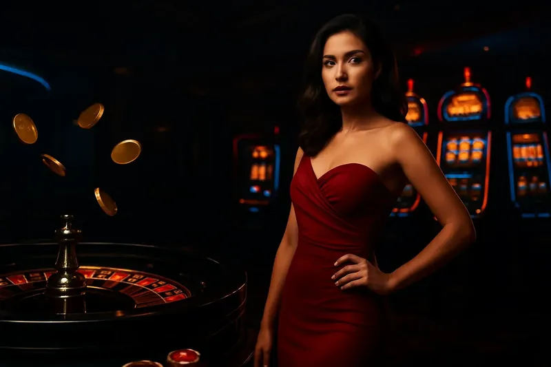 Elegant Casino Homepage Banner Beautiful woman in red dress posing confidently near roulette and slot machines in a luxury Bangladesh casino with neon accents and gold coins