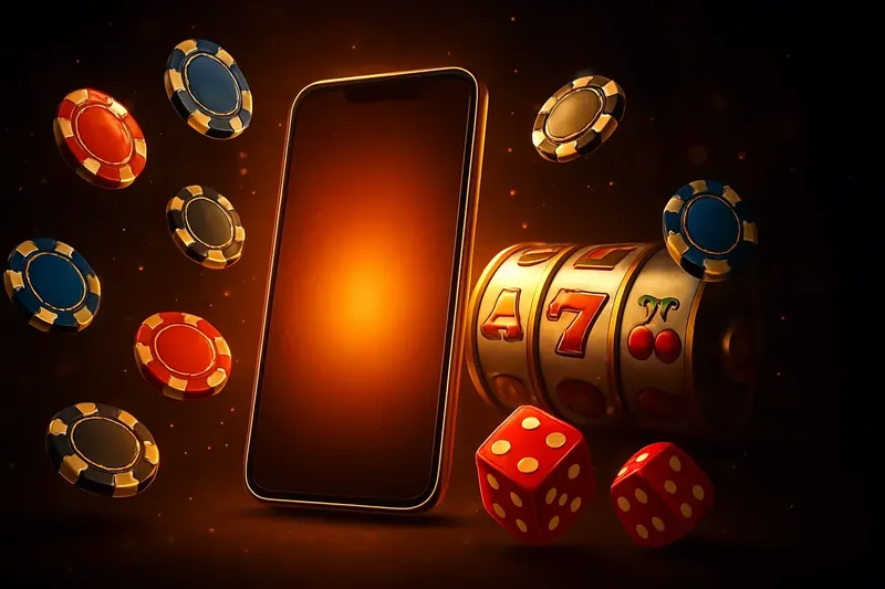 Luxury Casino Banner Glowing smartphone with casino chips, slot reels, and dice on dark gold background